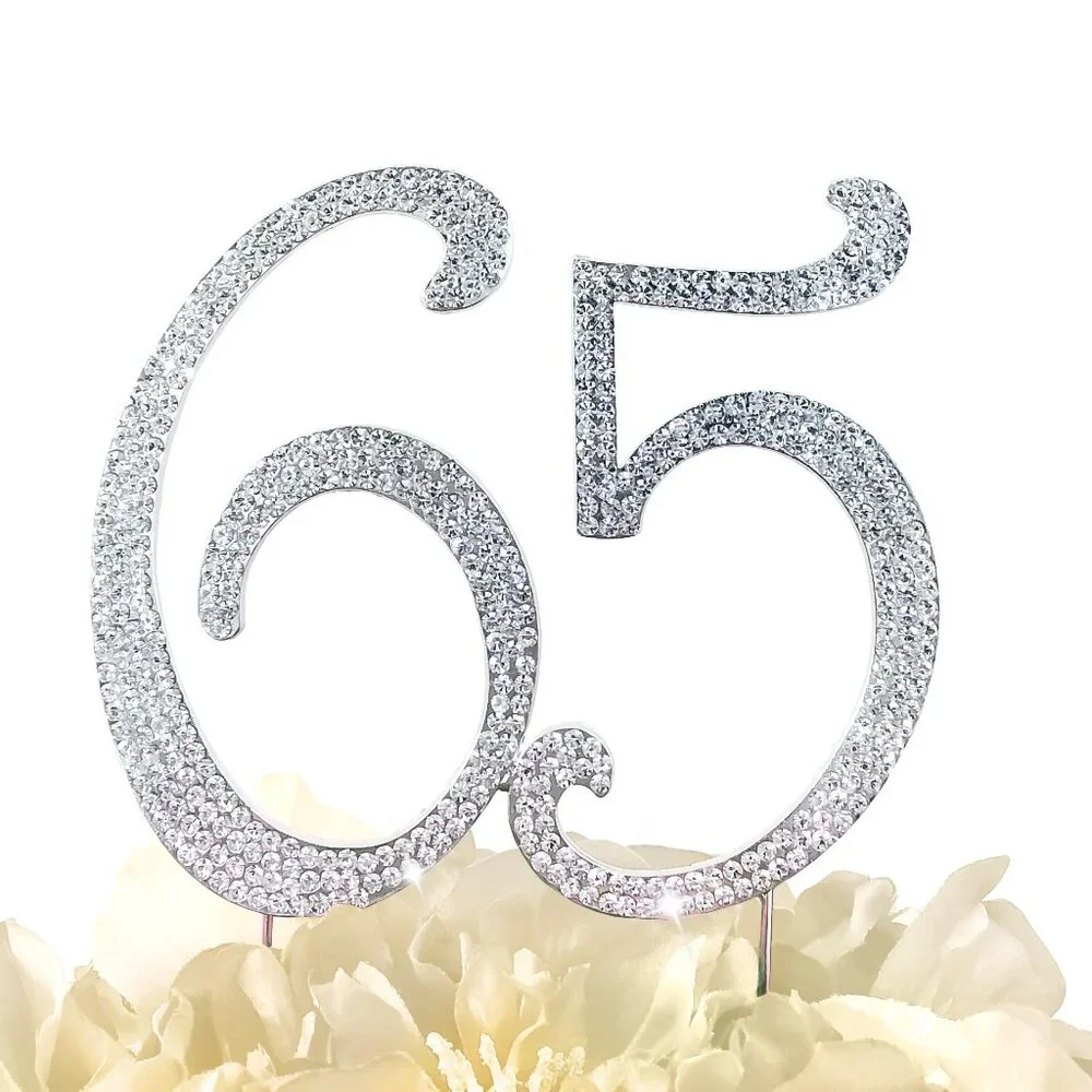 Rhinestone Cake Topper - Number 65 - Silver Metal with Czech Rhinestones